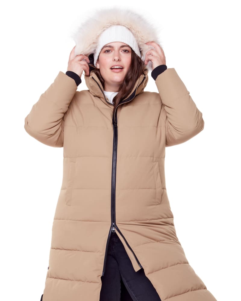 Front of a model wearing a size 3X Vegan Down Ultra Long Length Parka in CAMEL by Alpine North US. | dia_product_style_image_id:279110